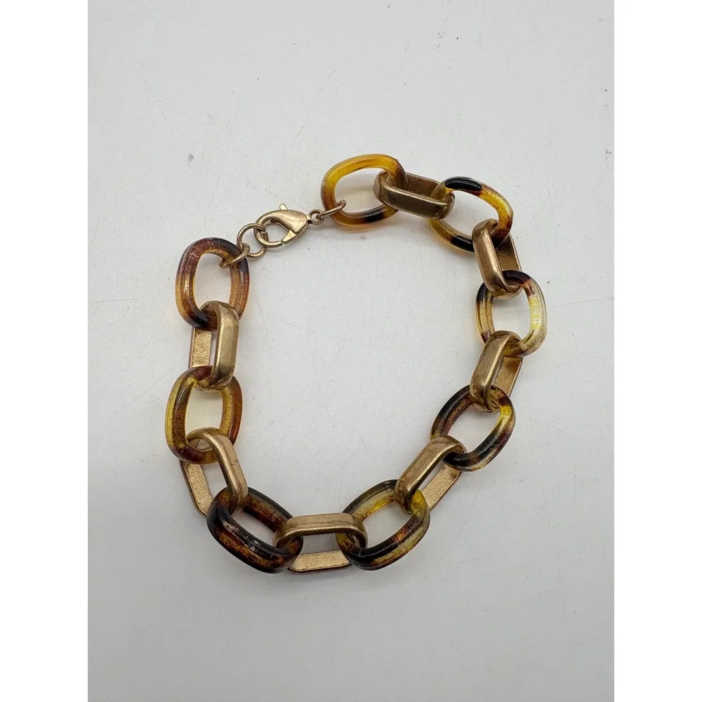 Gold Tone and Tortoiseshell Resin Chunky Oval Chain Link‎ Bracelet